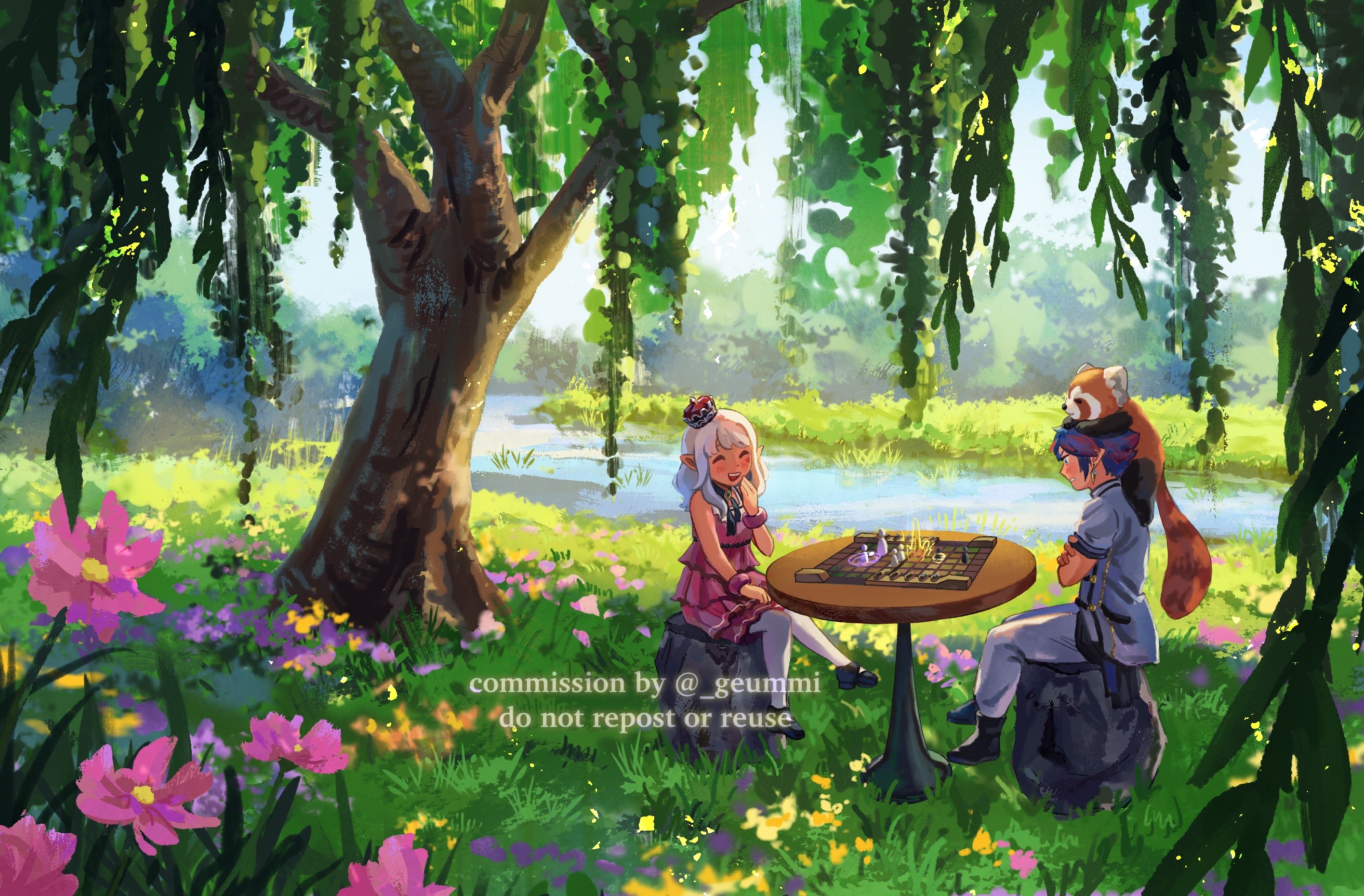 Full illustration sample #1. Two small figures play a board game under the shade of a large tree.