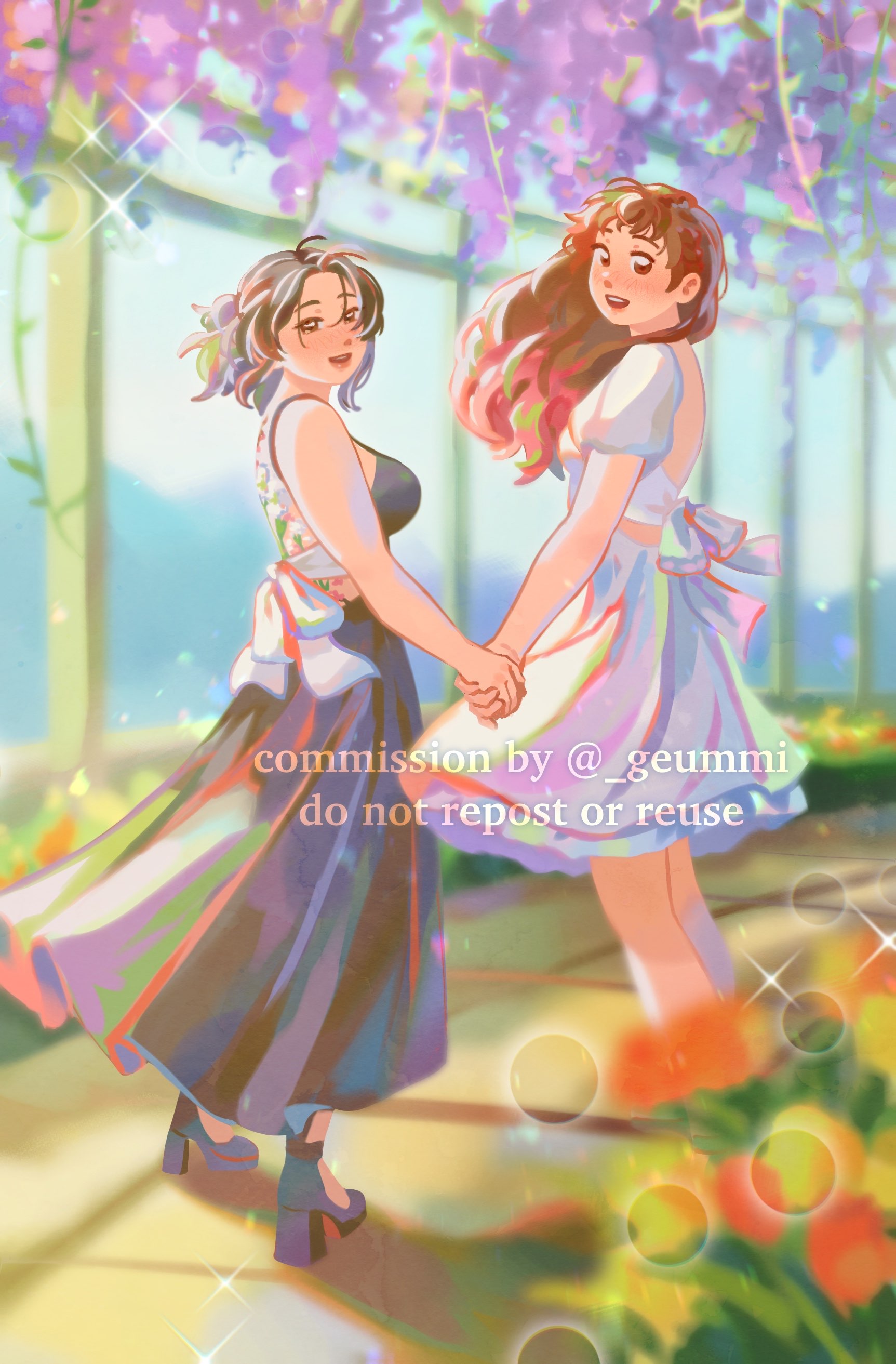 Full illustration sample #2. Two girls smile at the camera. They are in a garden with wisterias hanging from above.